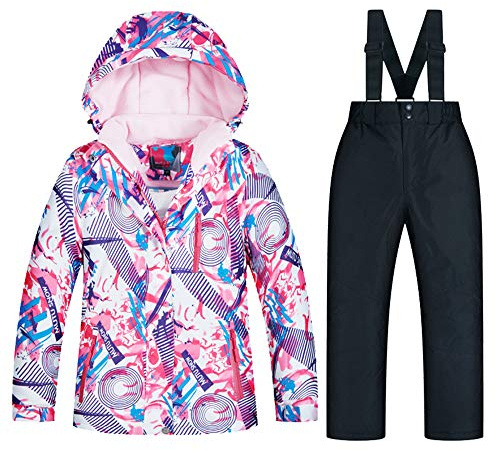 YFPICO Conjunto de Chaqueta y Pantalón de Esquí para Niños Traje de Esquí para Niños Niñas Protector de Nieve Integrado Forro Polar Invierno, 5+Negro, 9-10 años Etiqueta 145