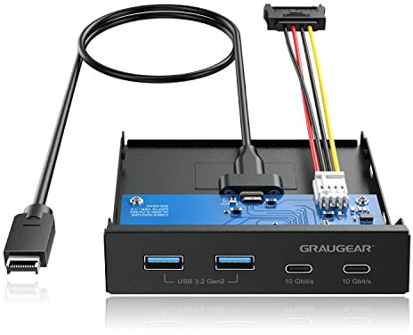 GRAUGEAR 4X 10Gbps HUB 4-Port USB3.2 Gen2 Frontpanel, 2X USB-C & 2X USB-A, Metal-Frontblende für 3,5-Zoll PC Schacht, alle mit 10Gbit/s für Desktop-Computer
