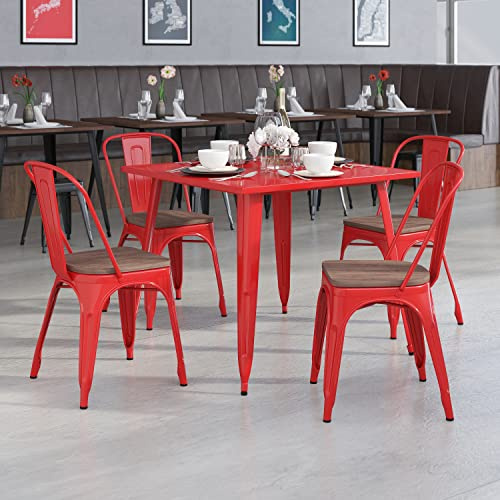 EMMA + OLIVER 4 Pack Red Metal Stackable Chair with Wood Seat - Restaurant Chair - Bistro Chair