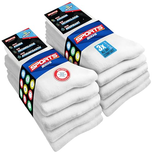 SOXCO 10 Paires Chaussettes de Sport 47-50 Homme Mi-Hautes | Technologie DRI-WIK d’Évacuation de l’Humidité | Amorti PILLO-SOFT | Sport & Usage Quotidien | Multicolore (EU 47 50, Blanc)
