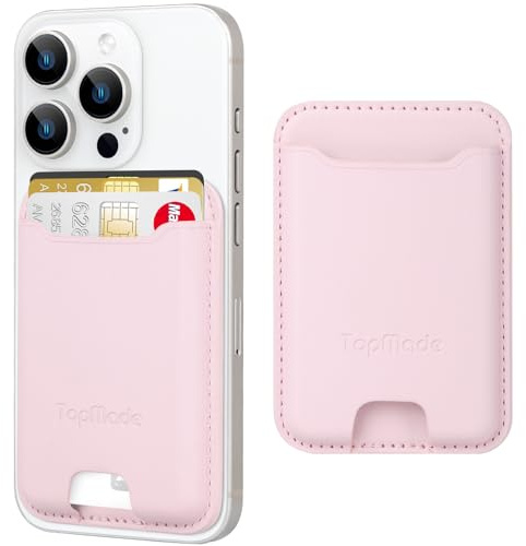 TopMade Phone Card Holder, Premium Leather Phone Wallet Stick on, Stronger 3M Adhesive Credit Card Holder for Back of Phone Case, iPhone, Samsung, and Android, RFID Blocking, Fit 4 Cards, Pink