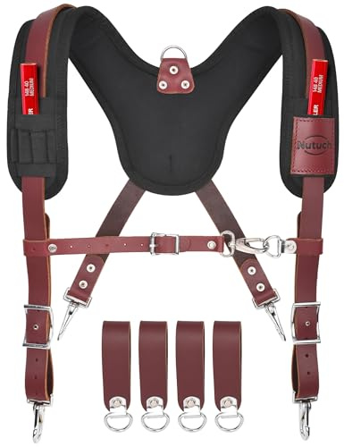 NUTUCH Strapazierfähiger Leder-Arbeits-Hosenträger mit Taschen, voll verstellbare, gepolsterte Leder-Werkzeuggürtel-Hosenträger für Herren, Bauarbeiten, Rahmen, Heimwerker, Elektriker