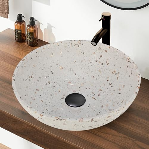 YIMAI Terrazzo Vessel Sink with Faucet and Drain, 15.7 Round Concrete Bathroom Sink Above Counter, Modern Artisanal Wash Basin Bowl with Matte Finish, Easy Install Combo Set for Vanity