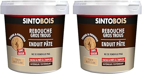 SINTOBOIS - Reboucher les gros trous - Mastic - Prêt à l'emploi - Poncer et peindre - Intérieur et extérieur - S'utilise comme un mastic - Ne se fissure pas - Technique professionnelle - 2 Kg