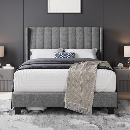 Yaheetech 4ft6 Double Bed Frame, Channel Tufted Wing Headboard, Light Grey