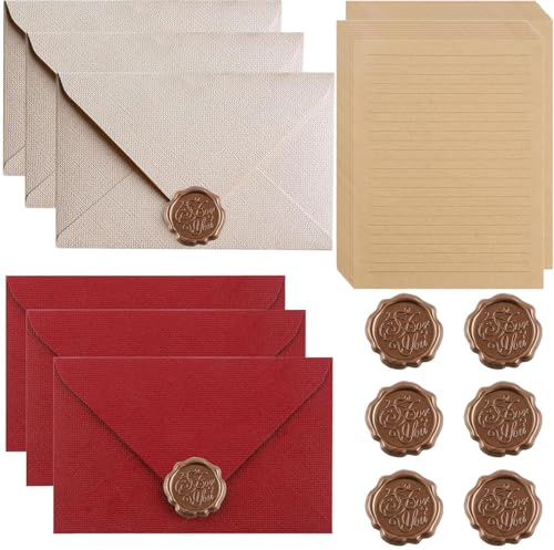 WUBAYI Set di cancelleria vintage con buste, 6 buste in lino e sigillo di cera, 20 fogli A5 per inviti di nozze, biglietti di auguri, elegante carta da lettere