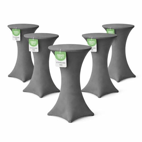 EXKLUSIV HEIMTEXTIL Stehtischhusse für Bistrotisch mit 4 verstärkten Fußlaschen elastisch Stretch Oeko-TEX Zertifiziert Ø 70-75x110-120 cm Anthrazit (5 Stück)