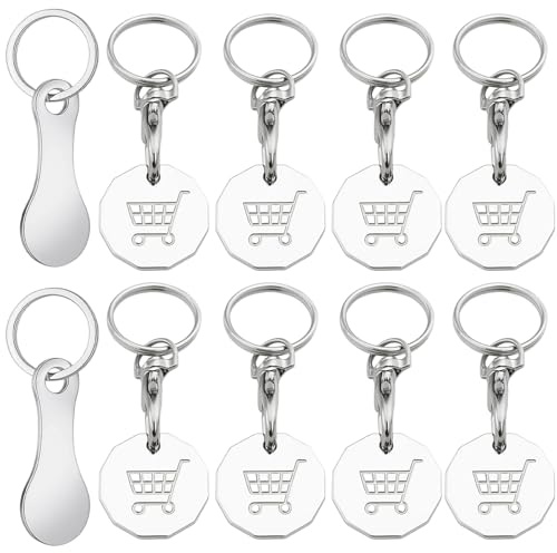 DXPETA 10 Pack Trolley Token Keyrings, Trolley Coins for Shopping Trolley UK, Durable Stainless Steel Trolley Token Keychain, 7.5x2.3 cm