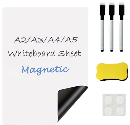 Pizarra blanca magnética de borrado en seco A2/A3/A4/A5 para nevera, pequeños tableros de mensajes para refrigerador con 3 bolígrafos/1 borrador, para menús de cocina, listas del hogar, notas de