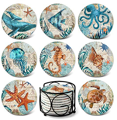 Teivio Absorbing Stone Sea Ocean Life Coasters for Drinks, Cork Base with Holder,Coastal Decor Beach Theme Tropical,for Housewarming Apartment Kitchen Bar Decor, For Wooden Table Coffee table,Set of 8