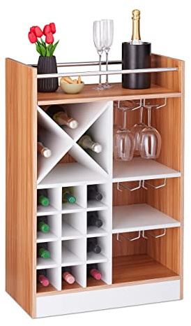 Relaxdays Weinregal mit Glashalter, 22 Flaschen, freistehend, Wein und Sekt, Hausbar HxBxT: 96 x 63 x 35 cm, braun