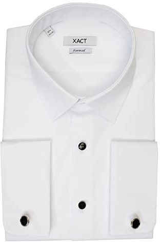 Xact Men’s Standard Collar Dress Shirt – Plain Front with Black Buttons – Double Cuff Formal Shirt with Cufflinks for Evenings, Cruises & Weddings (White - Standard Collar - Black Buttons) 19 1/2