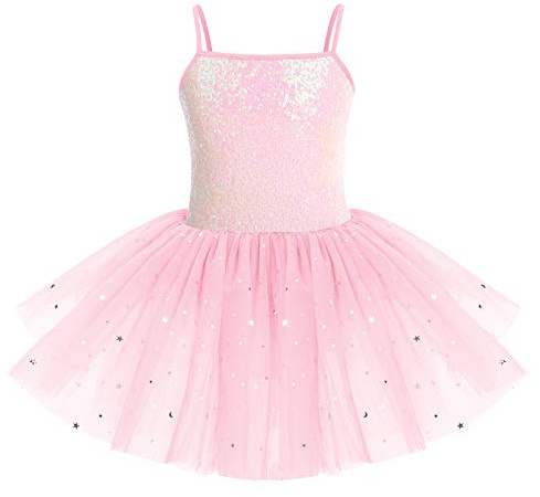 IWEMEK Kids Girls Sequins Leotard Tutu Ballet Dress Sleeveless Spaghetti Strap Skating Gymnastics Children Dancewear Fairy Swan Dance Dresses Performance Ballroom Dancer Costume Pink 7-8 Years