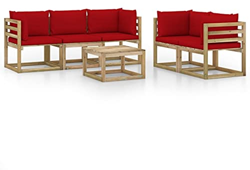 vidaXL Gartenmöbel 6-TLG. mit Roten Kissen Sofa Lounge Sitzgruppe Gartensofa Gartenset Ecksofa Mittelsofa Beistelltisch Gartentisch