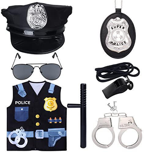 Keymall Kids Police Costume Set-7 Pcs Police Officer Dress Up for boys-Hat,Vest, Badge,Whistle,Sunglasses,Handcuff,Baton (Set C)