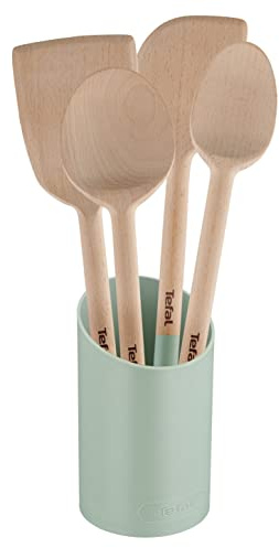 Tefal Natura K270S5 Lot de 5 ustensiles en bois : cuillère 28 cm, spatule d'angle 29 cm, plat 28 cm, 29 cm et support, certifié FSC, anti-rayures et résistant à la chaleur