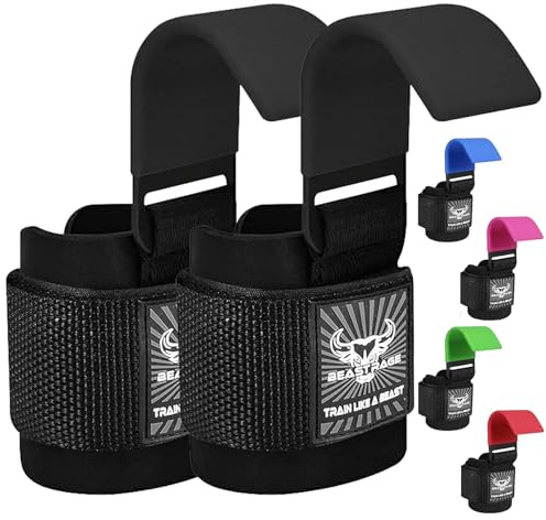 BEAST RAGE Gewichtheberhaken, Handgelenkriemen, dickes Neopren, gepolstert, gummiert, Fitnessbandagen, rutschfest, Kreuzheben, Training, Fitnessstudio, Workout, Herren und Damen (Schwarz)