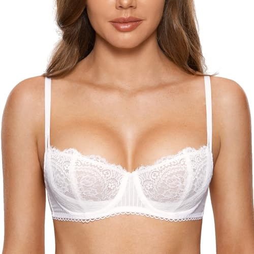 DOBREVA Women's Eyelash Lace Push Up Balconette Bra | Underwire, Unlined, See Through, Sheer, Plus Size