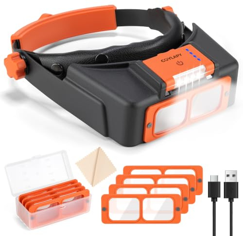 Headband Magnifier with Light, Rechargeable Magnifying Glasses for Close Work, 1.5X - 3.5X Magnify Headset with 4 Lenses, Jewelers Magnifying Glass Loupe Visor for Repair,Crafts, Hobby