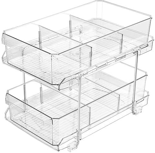 BELLE VOUS Cajón Deslizante Organizador 2 Niveles para Baño - Organizador Bajo Fregadero, Alacena Cocina, Armario de Baño, Despensa o Sobremesa - Cajón Deslizante con Separadores