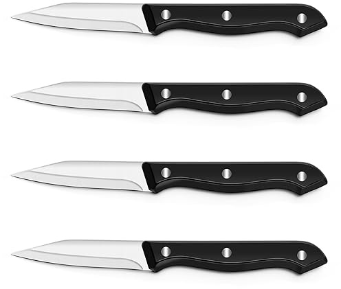 BEWOS 4-Piece Paring Knife Set - Paring Knives with Ergonomic Handle, 3.5 Inch Triple Rivet Paring Knives, Stainless Steel/Black Parers for Vegetable, Fruit & Kitchen Use