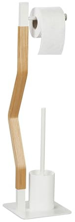 Relaxdays WC Garnitur, stehender Toilettenpapierhalter, Toilettenbürste mit Bürstenhalter, HBT: 76x20x20 cm, weiß/Natur