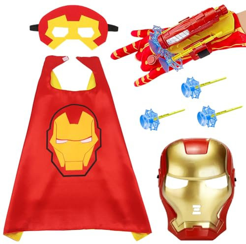 Irronman Cape Sets, Hero Costume Set with Cape Mask Launcher Gloves Anime Costumes Cosplay Costume Party Dress Up Supplies Cartoon Cosplay Costume Halloween and Christmas Kids Birthday Party Favors