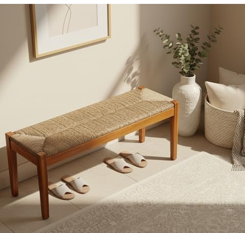 Vintage Entryway Bench, 47 inch Acacia Wood Bench with Woven Seagrass Seat, Entryway Bench, Wicker Benc Indoor for Hallway, End of Bed, Rustic Farmhouse Boho Style, Indoor Decorative Bench (Brown)