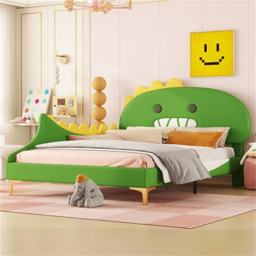 Cartoon Kinderbett PU Einzelbett Für Kinder Jugendliche Flachbett Mit Lattenrost Jugendbett Für Kinderzimmer Doppelbett Gästebett Ohne Matratze Bettgestell Grün 140x200 cm