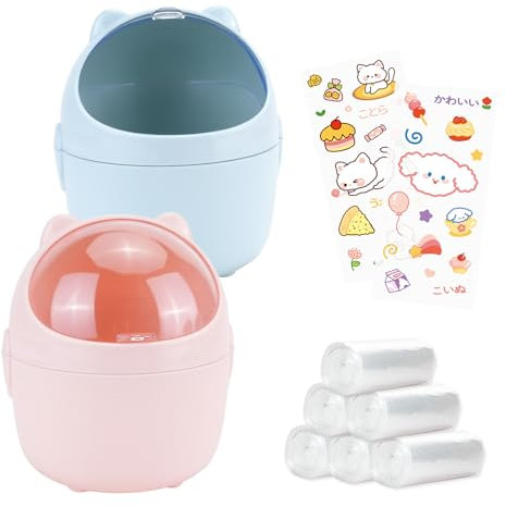 Lot de 10 mini poubelles de table avec couvercle, petites poubelles de bureau avec autocollants pour sacs poubelles, mignon, corbeille à papier de dessin animé, boîte de rangement pour bureau, chambre