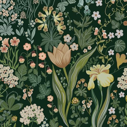 LiKiLiKi Peel and Stick Wallpaper, Green Floral Contact Paper 44×300 cm Self Adhesive Wall Paper Roll Waterproof and Removable Vinyl Wrap for Bedroom Dining Room Kitchen Table