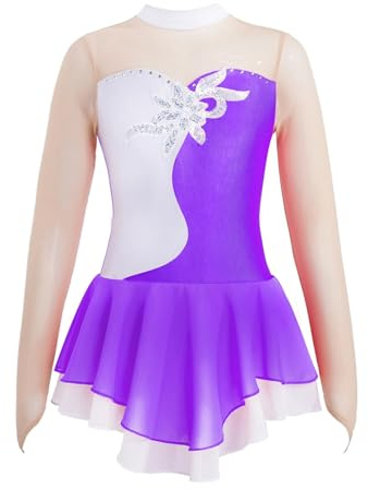 Body Pattinaggio Artistico Abito da pattinaggio su ghiaccio a figura floreale, for bambina, con paillettes, a maniche lunghe, body da ginnastica, abiti da ballo for costume da competizione(Purple,16)
