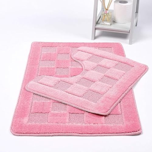 Bella Nights Squares 2 Piece Bath Mat & Pedestal Set – Non Slip & Extra Absorbent – Square Bathroom Toilet Rug Set – Soft Bath Mats for Bathroom Floor (Pink)