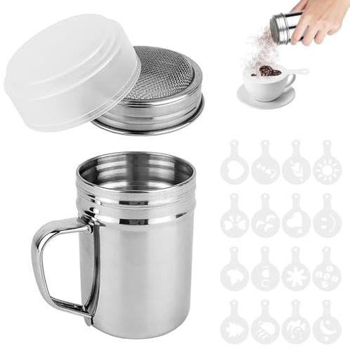 Flour Sugar Salt Shaker Chocolate Coffee Powder with Handle and Lid Stainless Steel Fine Mesh Sieve Sifter Icing Duster with 16 Moulds Powder Set Baking Sifting Dusting Decorating Cakes Smooth