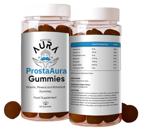 Active Aura - Prostate Gummies - High Strength Supplement for Men - Prostate Support & Urinary Health - with Grape Seed Extract, Coenzyme Q10 & Selenium - Vegetarian - 60 Gummies