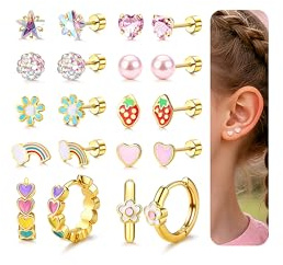 CASSIECA 10 Pares Pendientes Niña con Espalda Plana Pendientes Acero Quirurgico Antialergicos Aro Lindo Pendiente Oro Flores Arcoíris Forma Corazón Chapados oro 16K