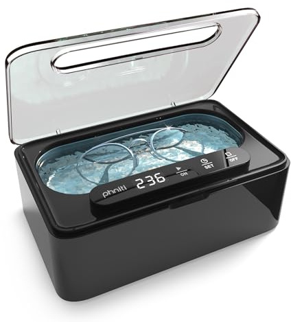 Pniti - Limpiador ultrasónico para dentaduras postizas y joyas, limpiador compacto blanco con cesta, limpiador ultrasónico profesional para el hogar