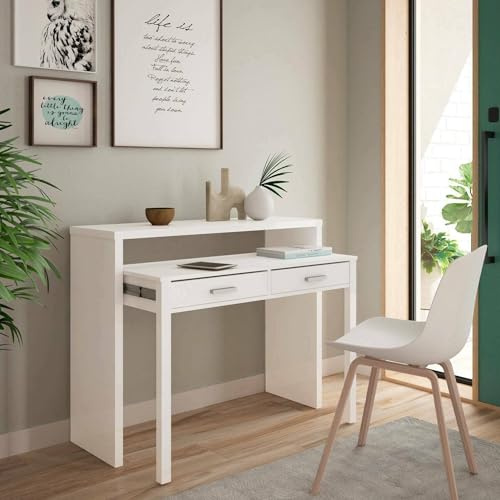 Dmora - Scrivania Billings, Scrivania con piano estensibile, Scrittoio porta PC con 2 cassetti, 99x36h88 cm, Bianco