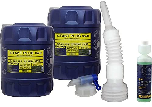 QR-Parts Set 40 Liter 85454447 MN7202-20 CT4503 5022 DIN61 MANNOL Scheibenreiniger Konzentrant 1:100 250ml 20 Original 4-Takt Plus 10W-40 API SL JASO MA2 Motorradöl Auslaufhahn