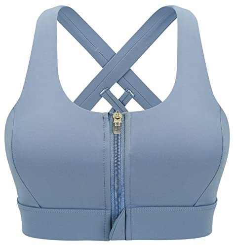 CLOUSPO Women Ladies Zip Front Post Surgery Yoga Sports Running Bra High Support Impact Crop Top Padded Cross Back (XL,Blue)