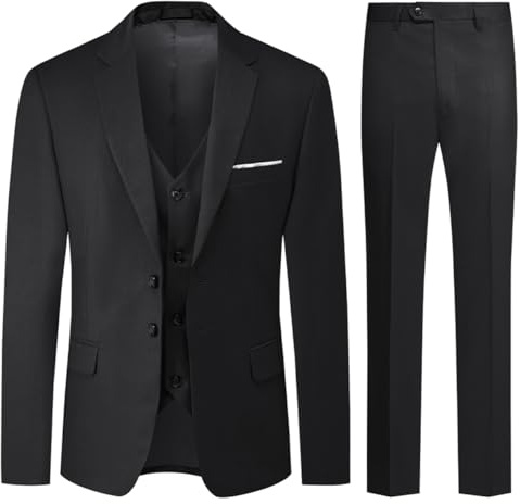 Allthemen Mens Suits 3 Piece Regular Fit Formal Dress Tuxedo 2 Buttons Business Suit Jacket Vest Trousers Black XL