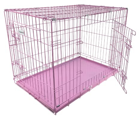 HugglePets Large Foldable Dog Crate - Pink (Large 91 x 61cm) Lockable Stainless Steel Double Door Cage for Dogs with Slide Out Metal Tray & Detachable Carry Handle Ideal for Home & Travel.