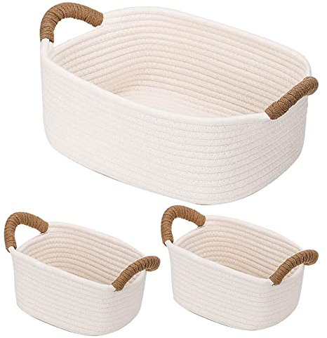3er Set Aufbewahrungskorb geflochten aus Baumwollseil, Regalkorb Aufbewahrung für Schrank, Schlafzimmer, Bad, Wohnzimmer, Wickeltisch Dekorativ mit Griff