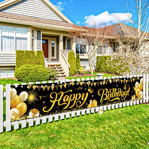 Deko Geburtstag, Happy Birthday Banner Groß, Banner Geburtstag Extra Länger 9.8x1.6 Füße, Draussen Party Deko für Kinder/Teenager/Frau (Schwarzes Gold)