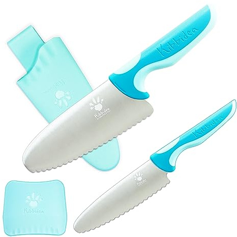 Kibbidea Kids Knife Set - 4 Pcs Kids Safe Cooking Knives, Round Tip, BPA-Free, Stainless Steel, Blue