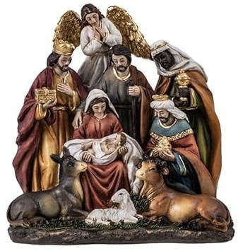 DRW Mistero di 1 pezzo Nascita Classica con Re, Animali, Angelo e Pecora in Resina Dipinto a Mano 15x8x15 cm