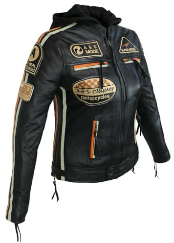 Motorrad Lederjacke Herren Lamm Lader Biker Custom Vintage Jacke Herren Freizeit Protektoren Motorcycle Jacket Hoodie (DE/NL/SE/PL, Alphanumerisch, XS, Regular, Regular, 1, orange Streifen)