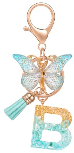 MWOOT Letter Keychains Iniziale Portachiavi Lettera B Resina,Alfabeto Keyring con Ciondolo a Forma Nappe Farfalla,Portachiavi Charm con Foglio D'oro Verde Signora Borsetta Portafoglio Decoro(B)