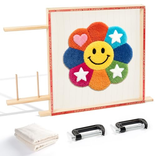 BESGEER 75cm x 75cm Teppich-Tufting- Rahmen mit Tufting-Stoff, Holzgestell für die Teppichherstellung mit Tufting-Pistole, ideal Tufting Frame für Anfänger