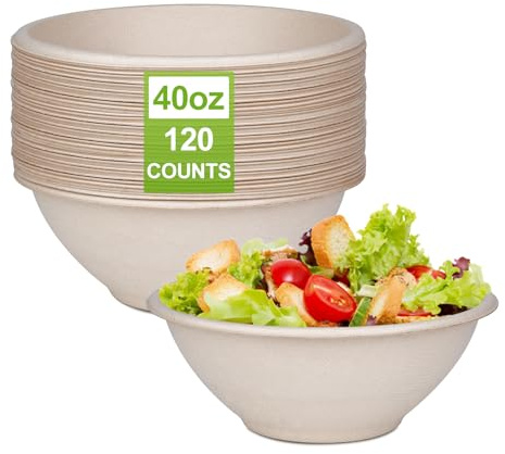 JOLLWEI Large Paper Bowls, 40oz Compostable Bowls, 120 Pack Heavy Duty Disposable Bowls For Hot Soup, Salads,Cereals- Made from 100% Sugarcane Fiber